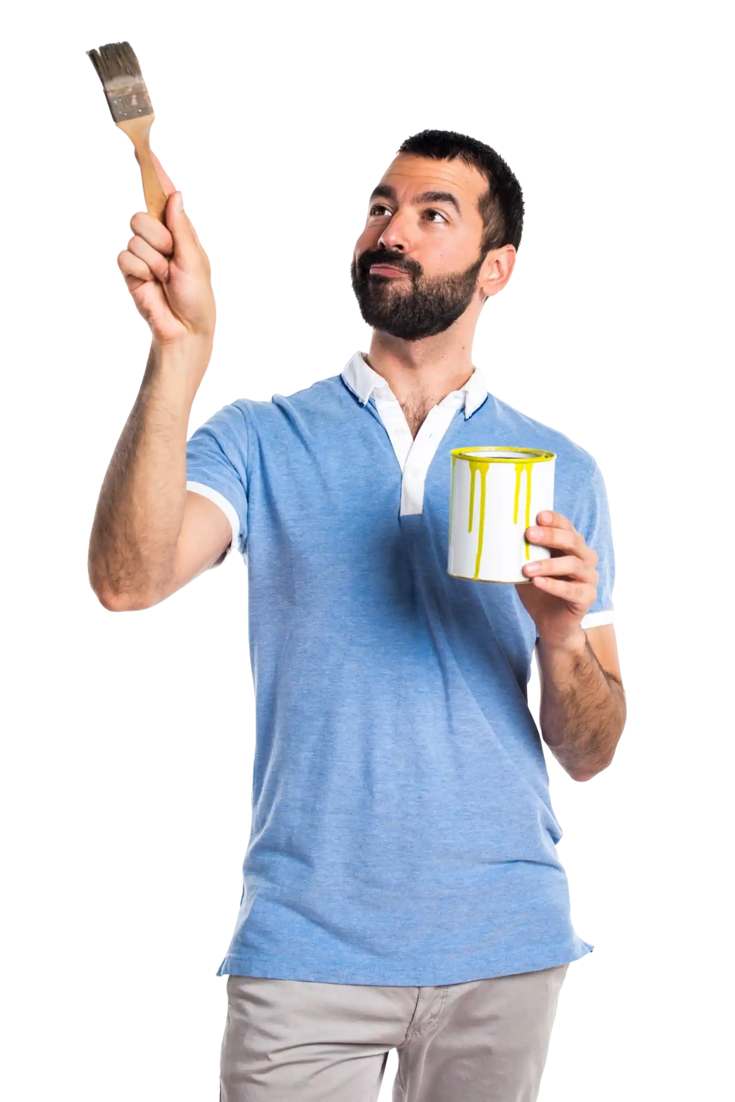 man with blue shirt holding paint pot